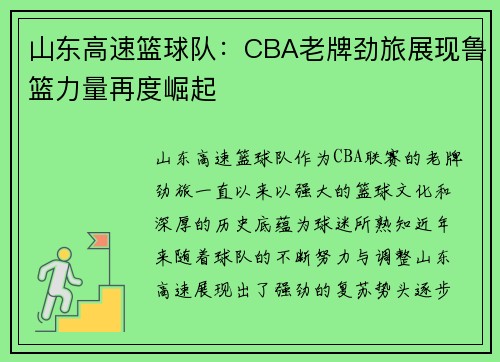 山东高速篮球队：CBA老牌劲旅展现鲁篮力量再度崛起